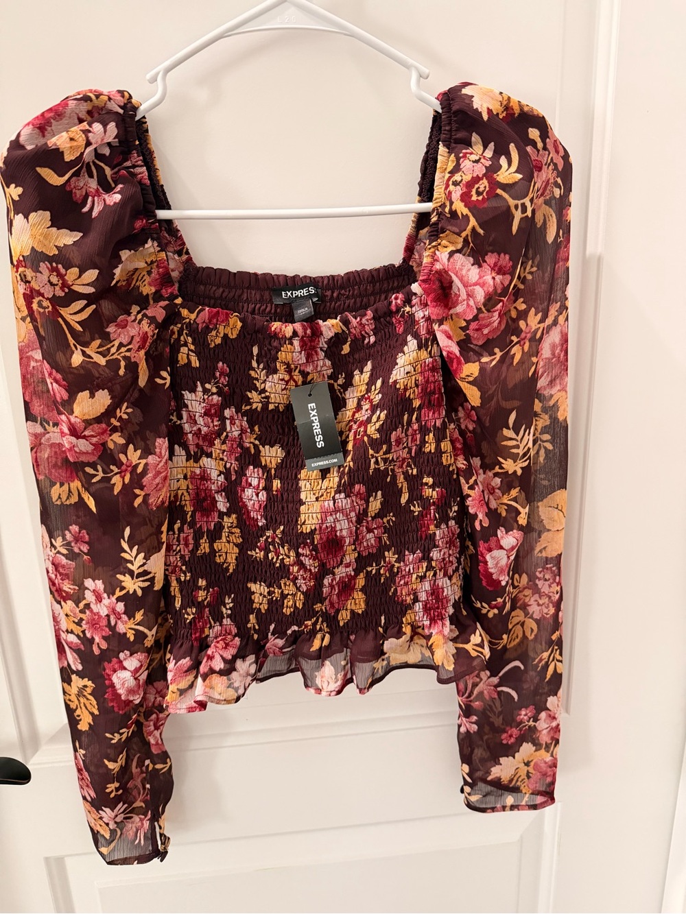 Express Burgundy Floral Smocked Puff-Sleeve Blouse